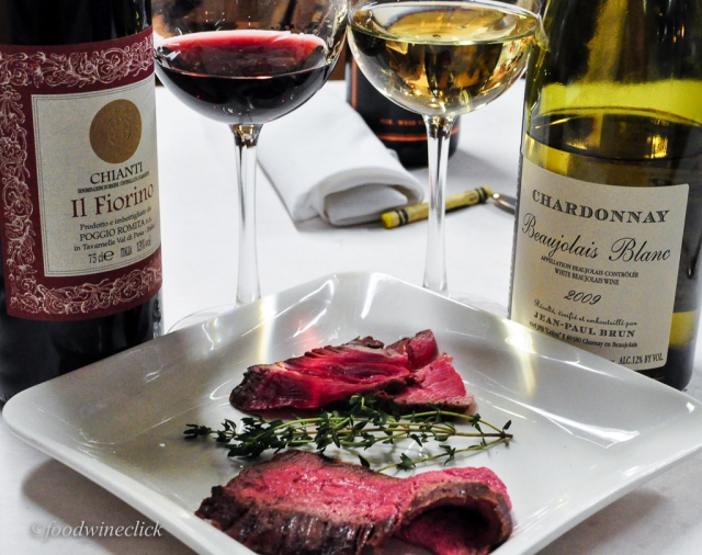 Rare steak, hot and cold.  Chianti and a memorable Chardonnay. Mix and match.  