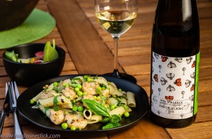 Spring pea pasta with shrimp, paired with Alsace Pinot Blanc