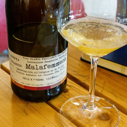 Malafemmena is a lightly sparkling wine. Notably, Roberto freezes some grape juice at harvest to use to provide the sugar for the second fermentation in the bottle.