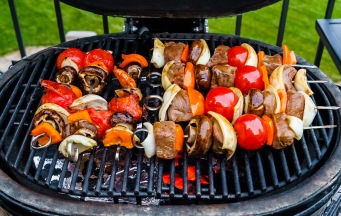 A recent innovation for my skewer cooking: cook the meat over indirect heat and the veggie-only skewers over direct low temperature heat. The veggies get more done and the meat can still be cooked to medium rare!